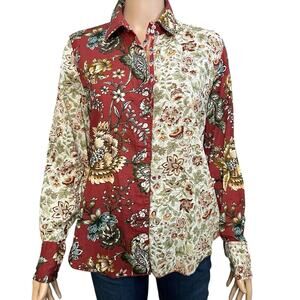 Cino Sundance Mixed Print Button Down Blouse XS Roll Tab Sleeve Floral Western